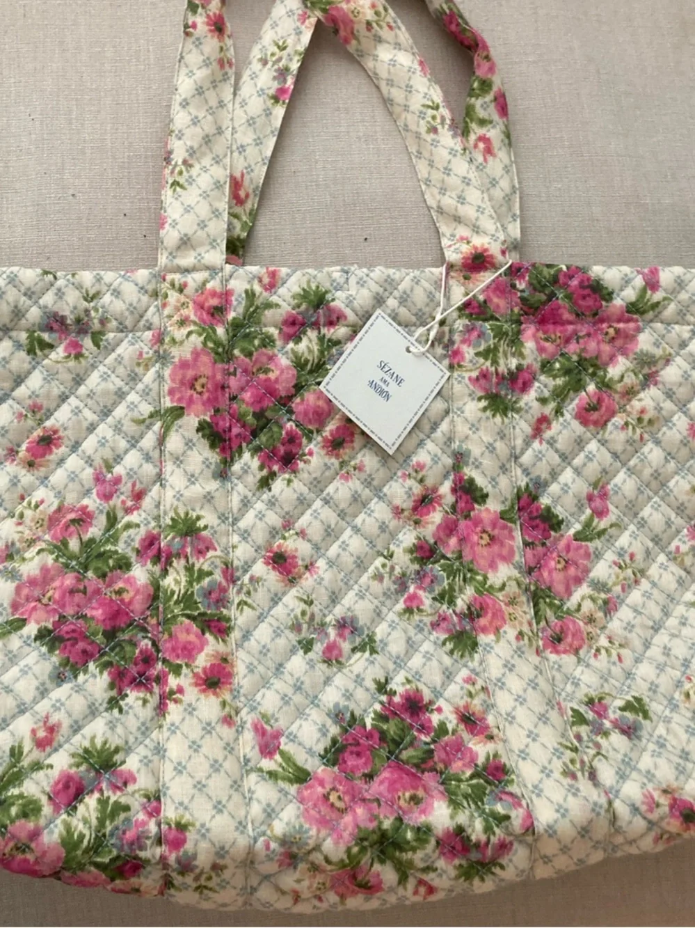 Sezane Quilted Cream Tote with Pink Floral Print